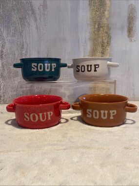 Set of ceramic soup bowls with handles Red, Camel, Teal and white 💗🎁